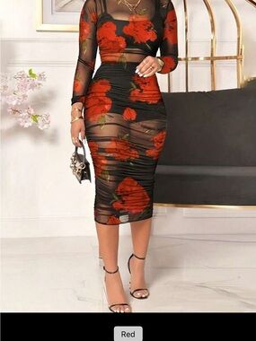 SHEIN Black Sheer Mesh Midi Dress with Red Floral Print